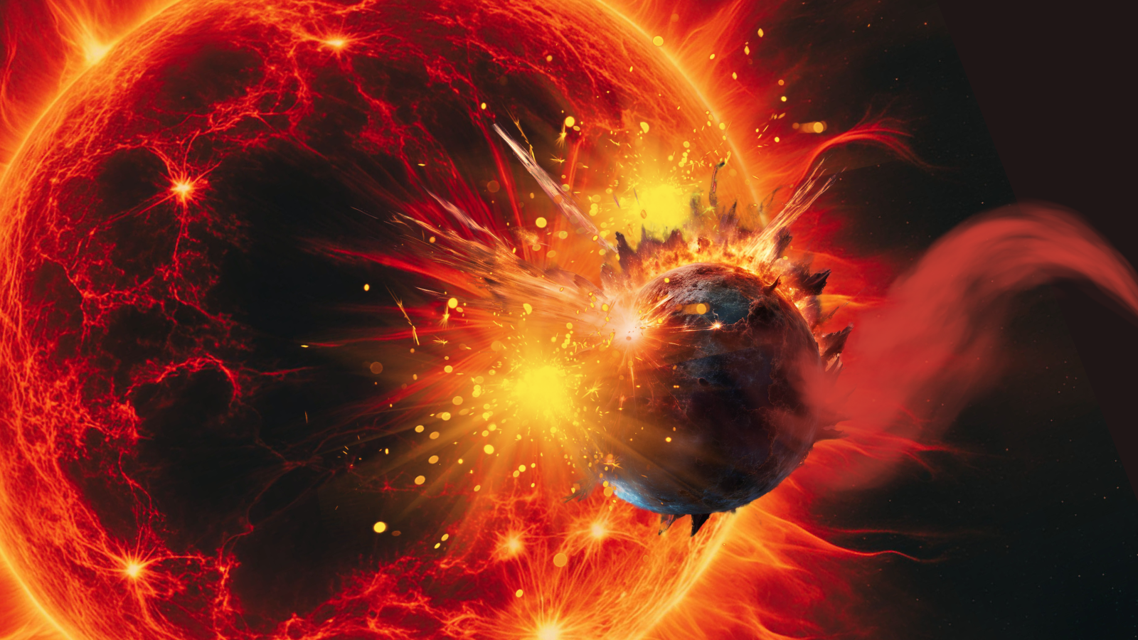An illustration of a very red and fiery star consuming a smaller, blue planet.