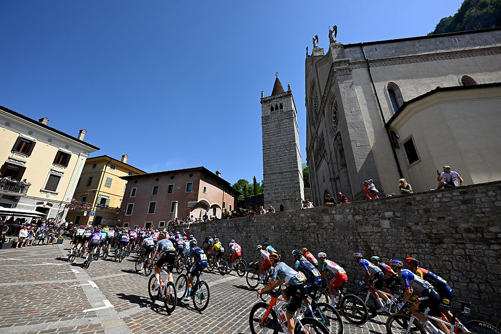 GEMONA DEL FRIULI, ITALY - MAY 30: A general view of the peloton competing prior to the 109th Giro d&amp;apos;Italia 2026, Stage 20 a 200km stage from Gemona del Friuli to Piancavallo 1289m / #UCIWT / on May 30, 2026 in Gemona del Friuli, Italy. (Photo by Tim de Waele/Getty Images)