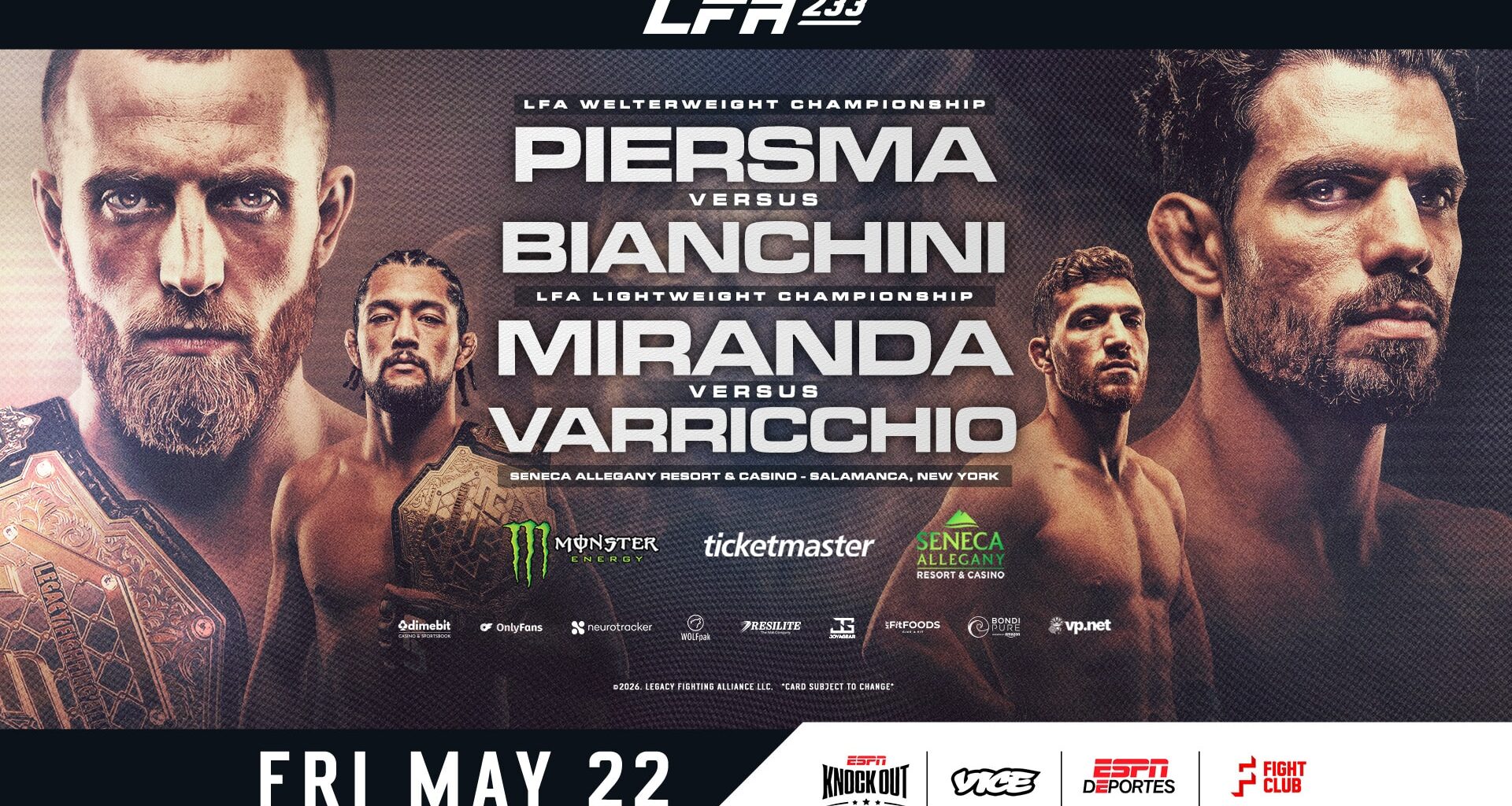 LFA 233 is our regional show of record this week. Come check out regional mma to make some picks, predictions & bet
