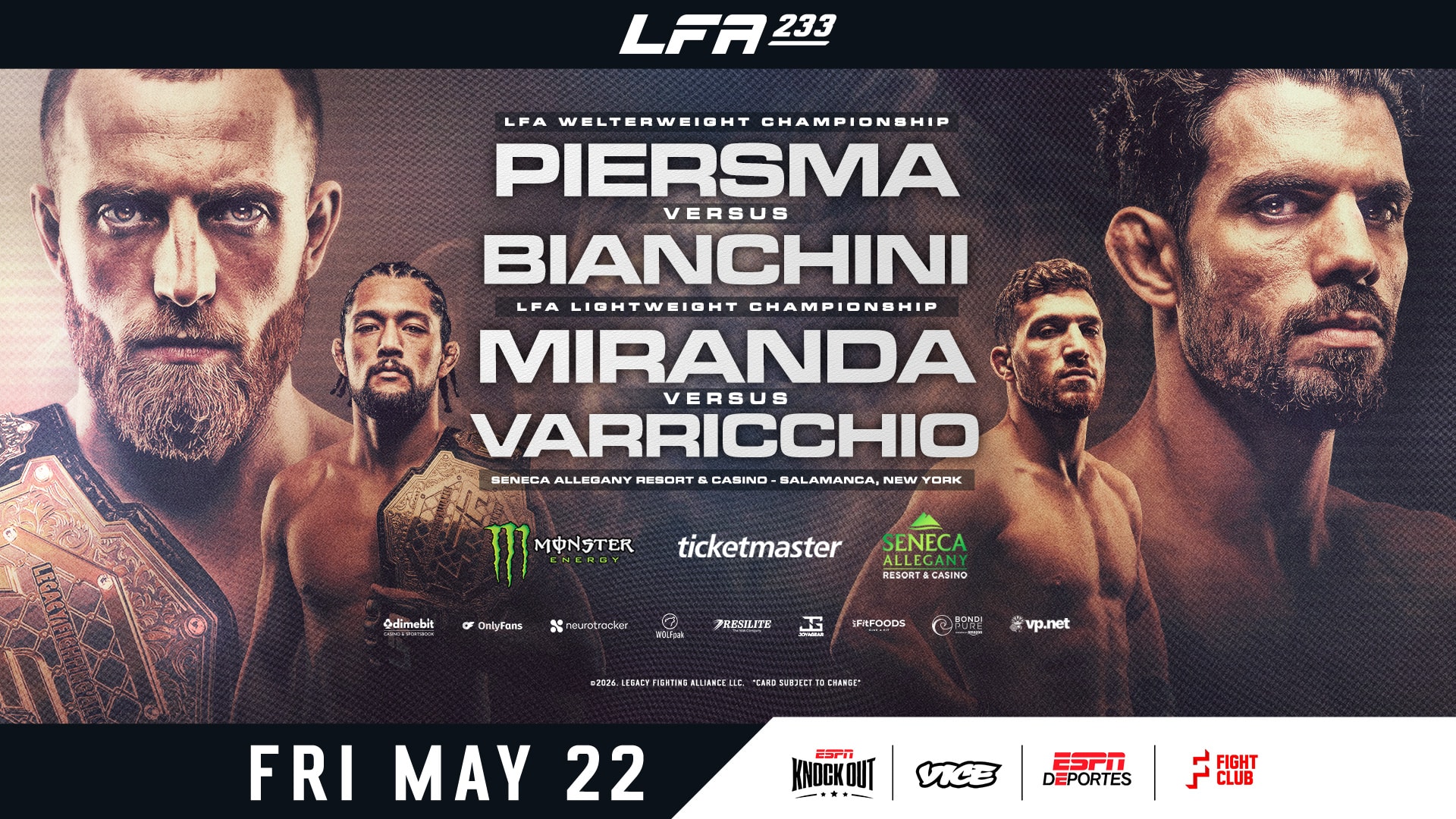 LFA 233 is our regional show of record this week. Come check out regional mma to make some picks, predictions & bet