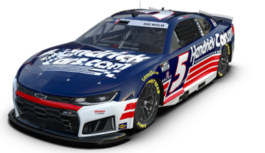Blue NASCAR stock car with number 3, sponsor decals, and red-white racing stripes on the sides, front view