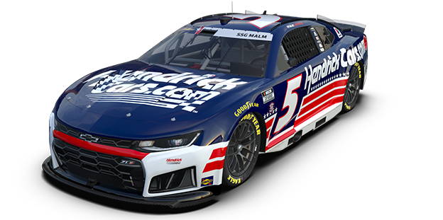Blue NASCAR stock car with number 3, sponsor decals, and red-white racing stripes on the sides, front view