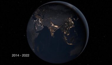 A view of Earth from space at night, showing illuminated city lights across Asia, including India, China, and Southeast Asia. The years "2014 - 2022" are displayed in the bottom left corner.