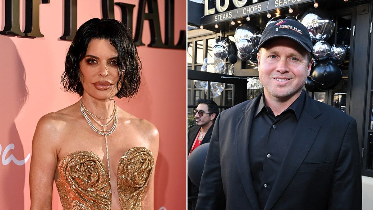 Lisa Rinna in a gold gown and Spencer Pratt wearing a hat
