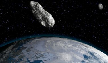 An illustration showing an asteroid flying past Earth with the moon in the background