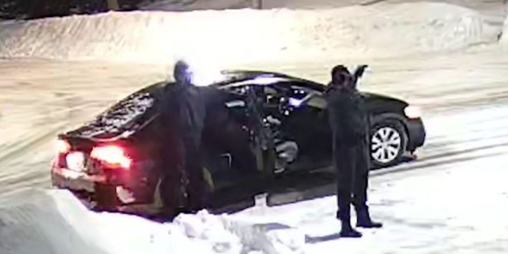 Peel Regional Police display surveillance video evidence during a May 25, 2026 news conference announcing charges against 17 suspects linked to an extortion network targeting South Asian businesses in Peel Region.