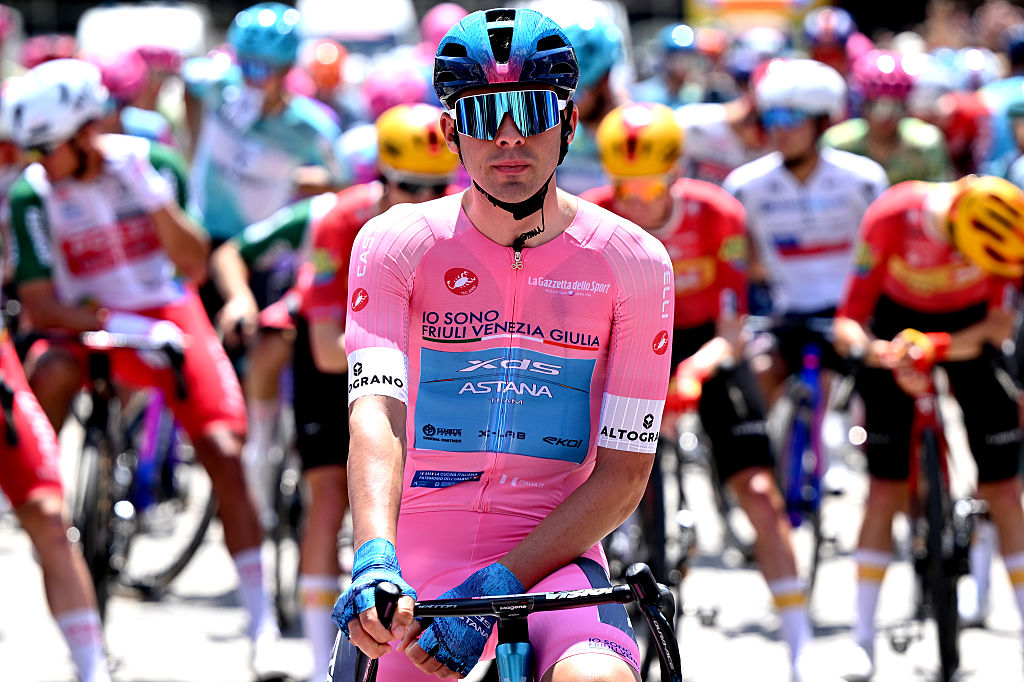 PLOVDIV, BULGARIA - MAY 10: Guillermo Thomas Silva of Uruguay and Team XDS Astana - Pink Leader Jersey and a view of Trofeo Senza Fine prior to the 109th Giro d&amp;apos;Italia 2026, Stage 3 a 175km stage from Plovdiv to Sofia / #UCIWT / on May 10, 2026 in Plovdiv, Bulgaria. (Photo by Dario Belingheri/Getty Images)