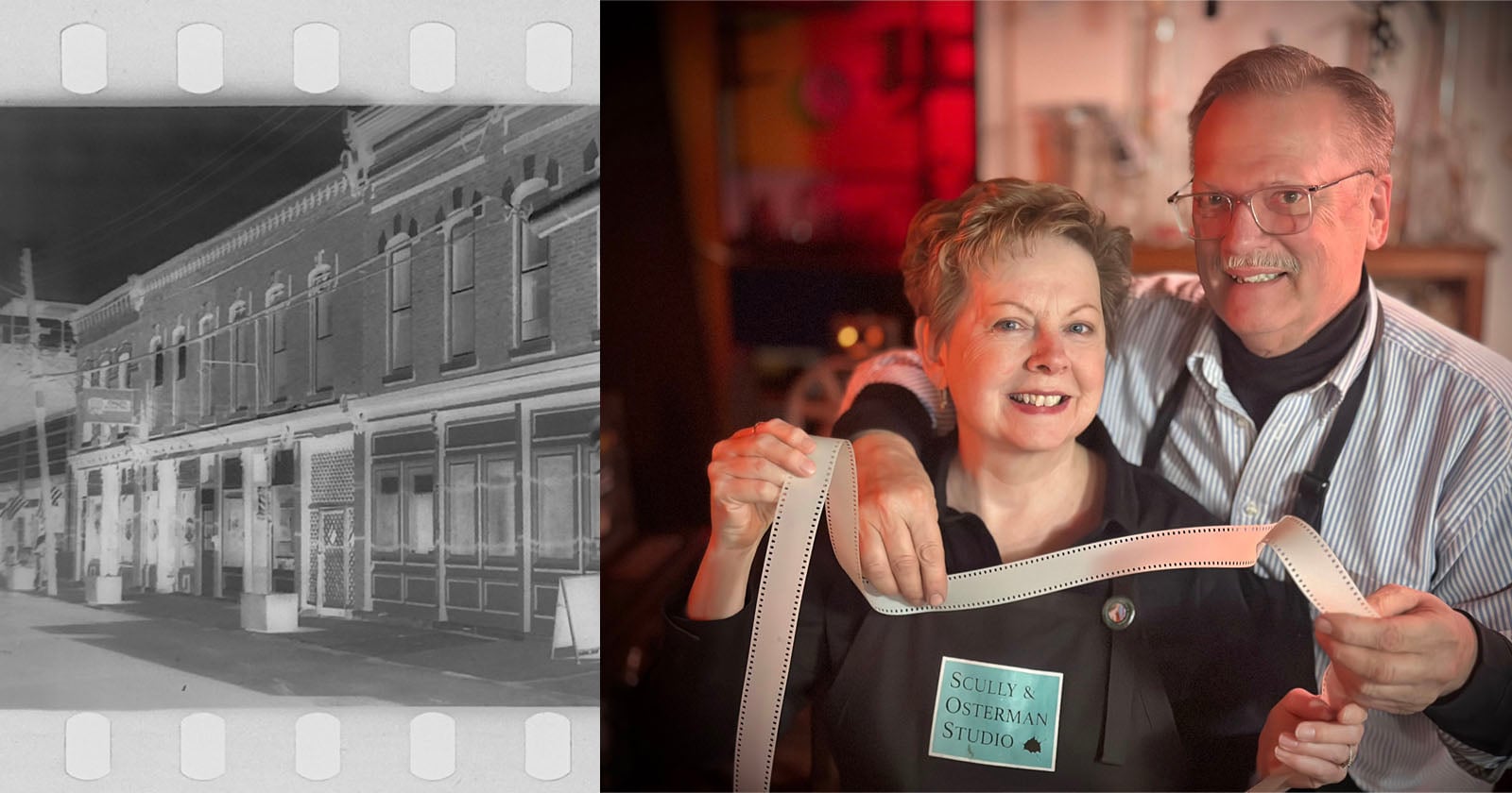 A grayscale negative image of a row of buildings is on the left. On the right, two smiling people hold a strip of photographic film in a studio, one wearing a "Scully Osterman Studio" name tag.