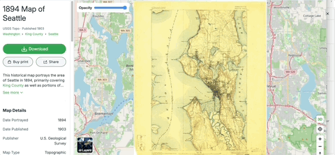 Watch the Duwamish River in the lower portion of the frame go from squiggly to straight and back again.