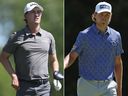 Maverick McNealy, left, and Kristoffer Reitan, right, compete in the third round of the PGA Championship at Aronimink Golf Club in Newtown, Pa., Saturday, on May 16, 2026.