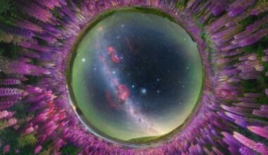 Best Milky Way photos: Fisheye view of Milky Way overhead ringed with purple flowers.