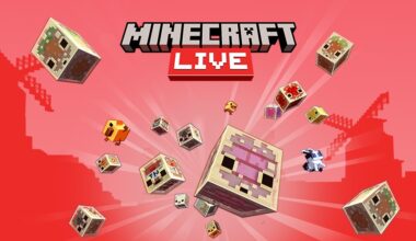 A variety of sulfur cubes on a red background. The Minecraft LIVE logo is overlayed.