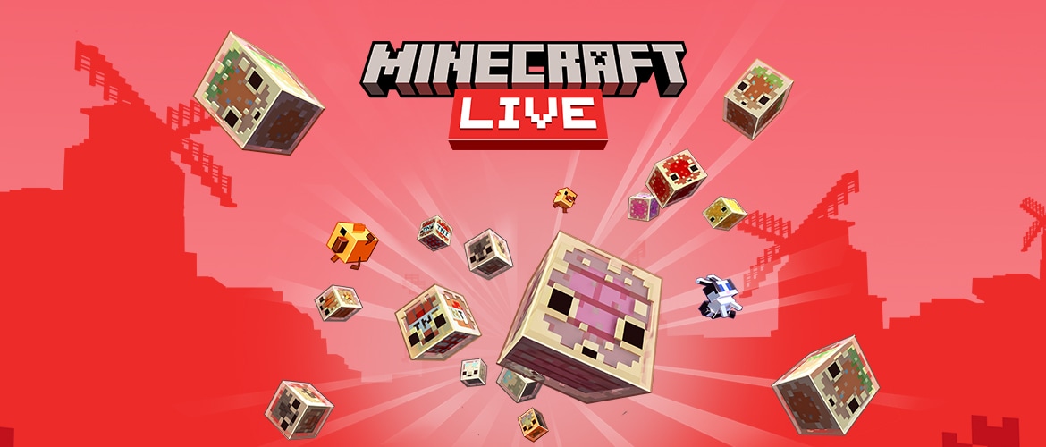 A variety of sulfur cubes on a red background. The Minecraft LIVE logo is overlayed.