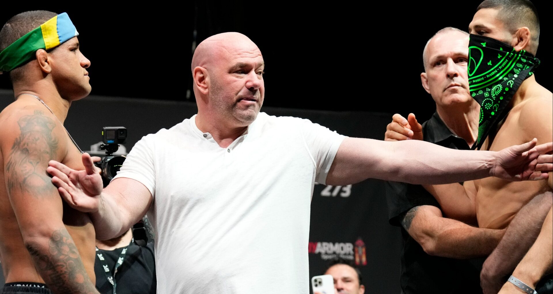 Khamzat Chimaev and Gilbert Burns face off at the UFC 273 ceremonial weigh-in