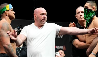 Khamzat Chimaev and Gilbert Burns face off at the UFC 273 ceremonial weigh-in