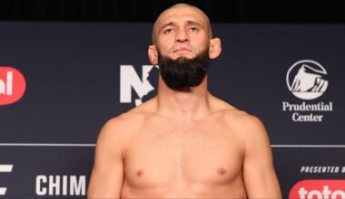 Khamzat Chimaev on the scale at the UFC 328 official weigh-in