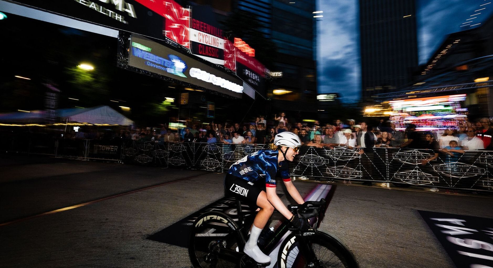 Skyler Schneider blasts away from the front of the peloton on the final two corners to win 2026 Greenville Cycling Classic