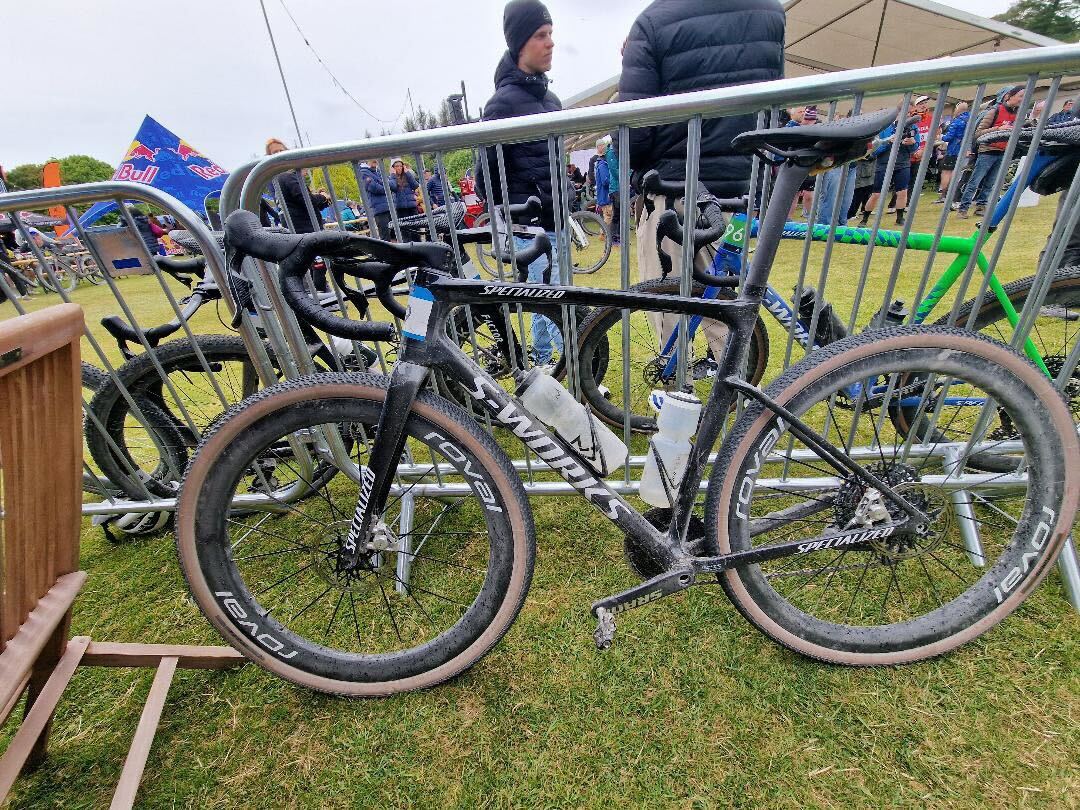 A black and white Specialized S-Works gravel bike at the Gralloch gravel race