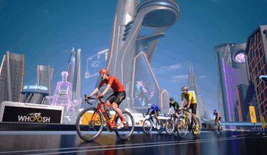 Zwift and Rouvy logos on blue and orange background.