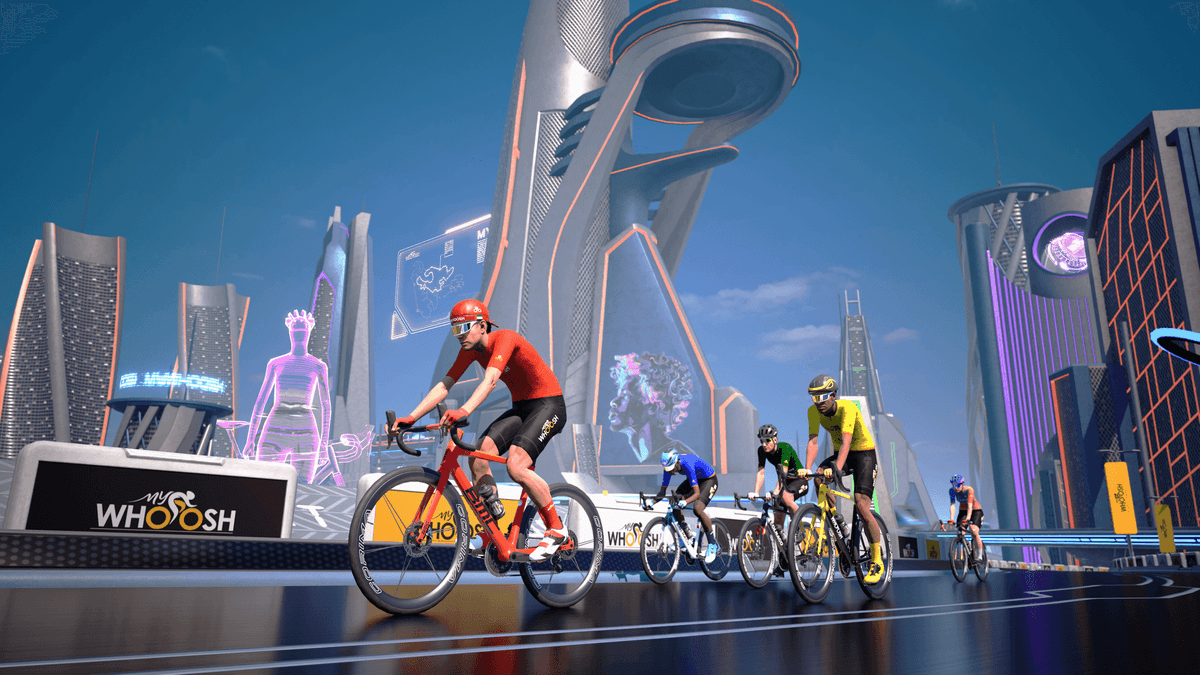 Zwift and Rouvy logos on blue and orange background.