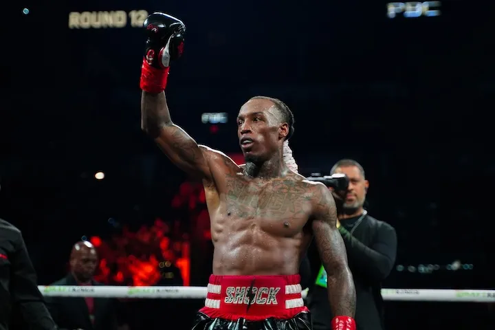 O'Shaquie Foster raises a glove following his December 2025 victory over Stephen Fulton.