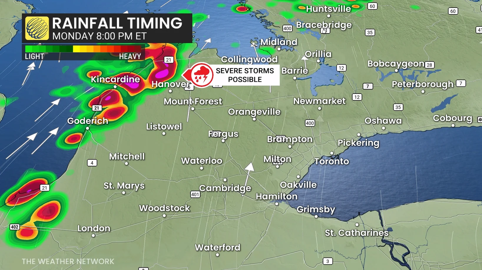 Ontario rainfall timing Monday evening