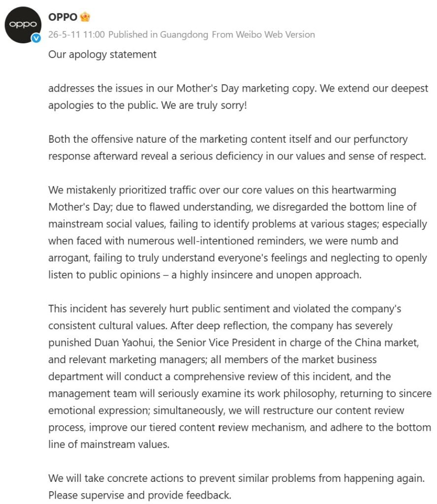 Oppo releases apology