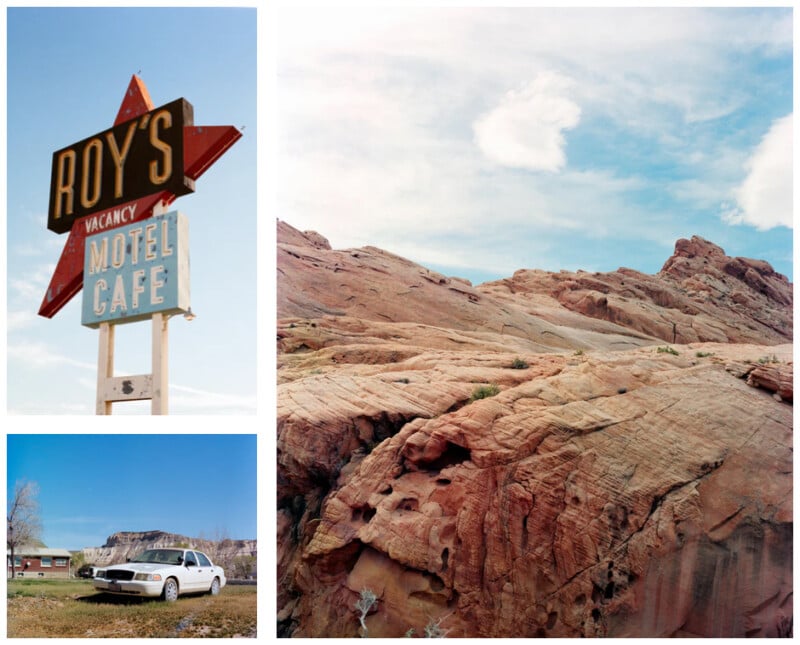 A collage features Roy’s Motel Cafe sign, a rocky desert landscape under a blue sky, and a white car parked on grass near trees and small buildings.