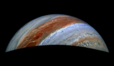 JunoCam, the visible light imager aboard NASA's Juno, captured this view of Jupiter's northern high latitudes during the spacecraft's 69th flyby of the giant planet on Jan. 28, 2025. Jupiter's belts and zones stand out in this enhanced color rendition, along with the turbulence along their edges caused by winds going in different directions.  Credits: Image data: NASA/JPL-Caltech/SwRI/MSSS, Image processing: Jackie Branc (CC BY)