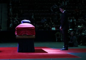 The funeral for former Mississauga mayor Hazel McCallion held at the Paramount Centre. (Pictured) Prime Minister Justin Trudeau bows his head at the memorial on Tuesday February 14, 2023. Jack Boland/Toronto Sun/Postmedia Network