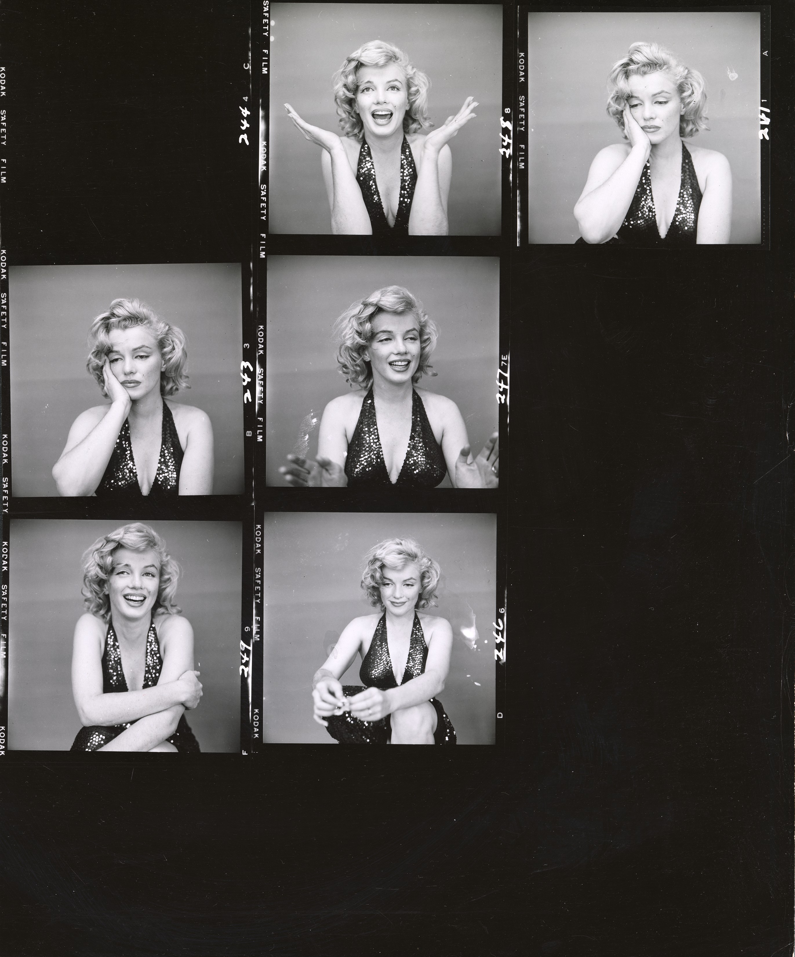 A contact sheet of seven medium-format frames showing Marilyn Monroe in a sequined halterneck dress, her expressions ranging from exuberant to quietly pensive.