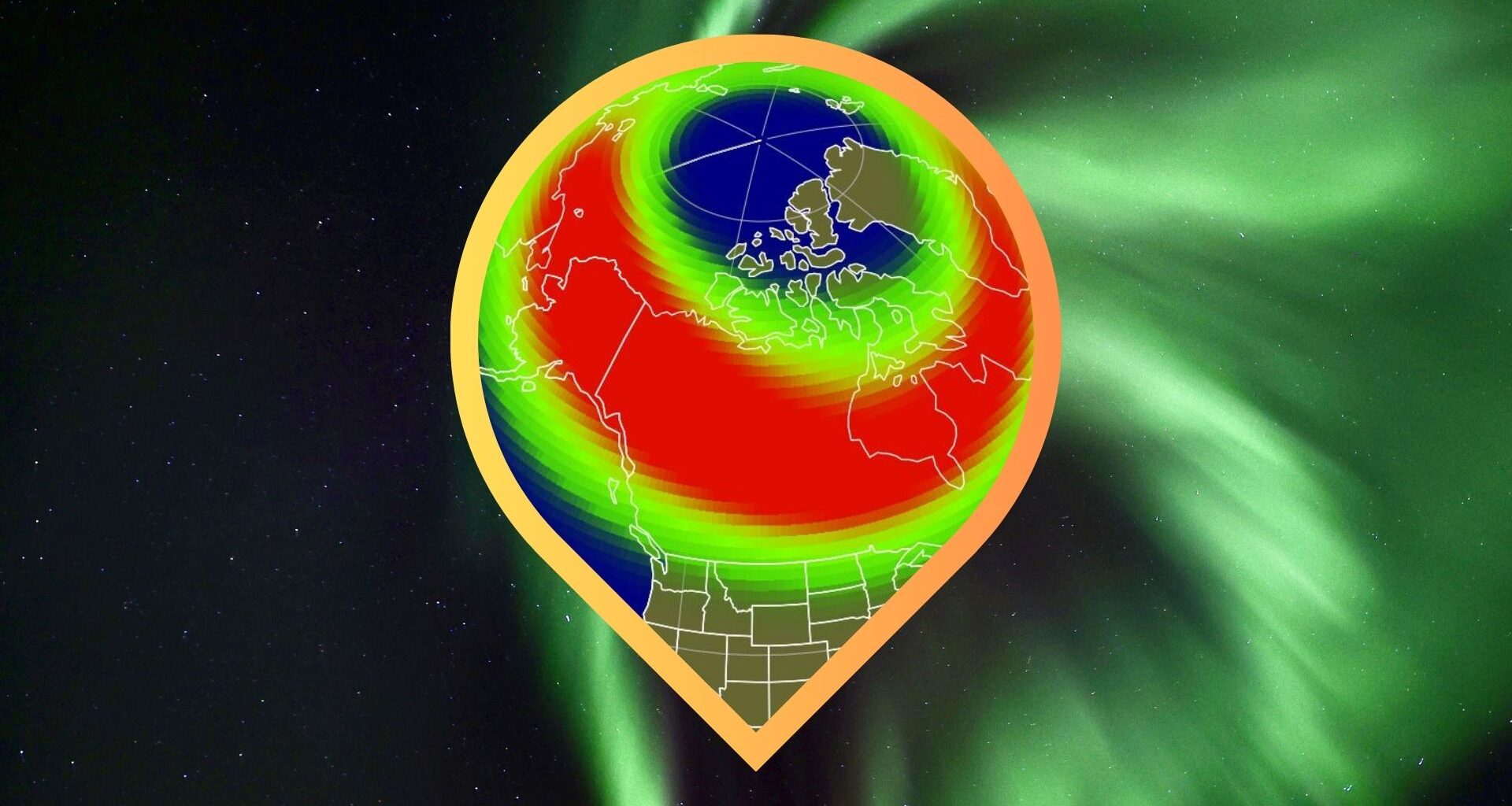 image of a map showing aurora visibility over the US tonight and in the background is a ribbon of green light dancing in the sky - northern lights show overhead.