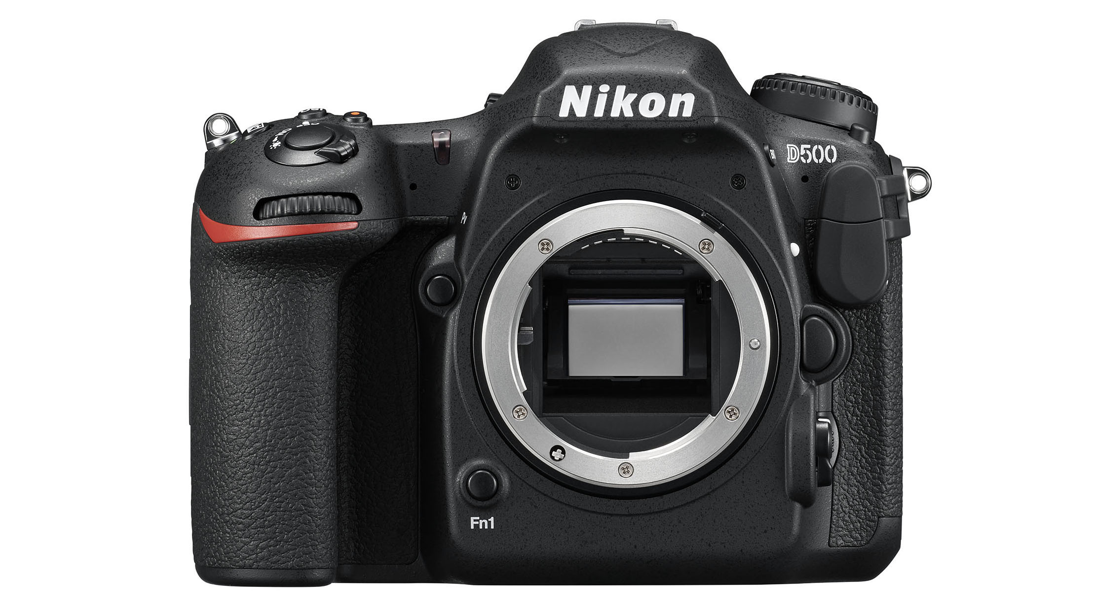 Nikon D500 DSLR camera in front of a white background