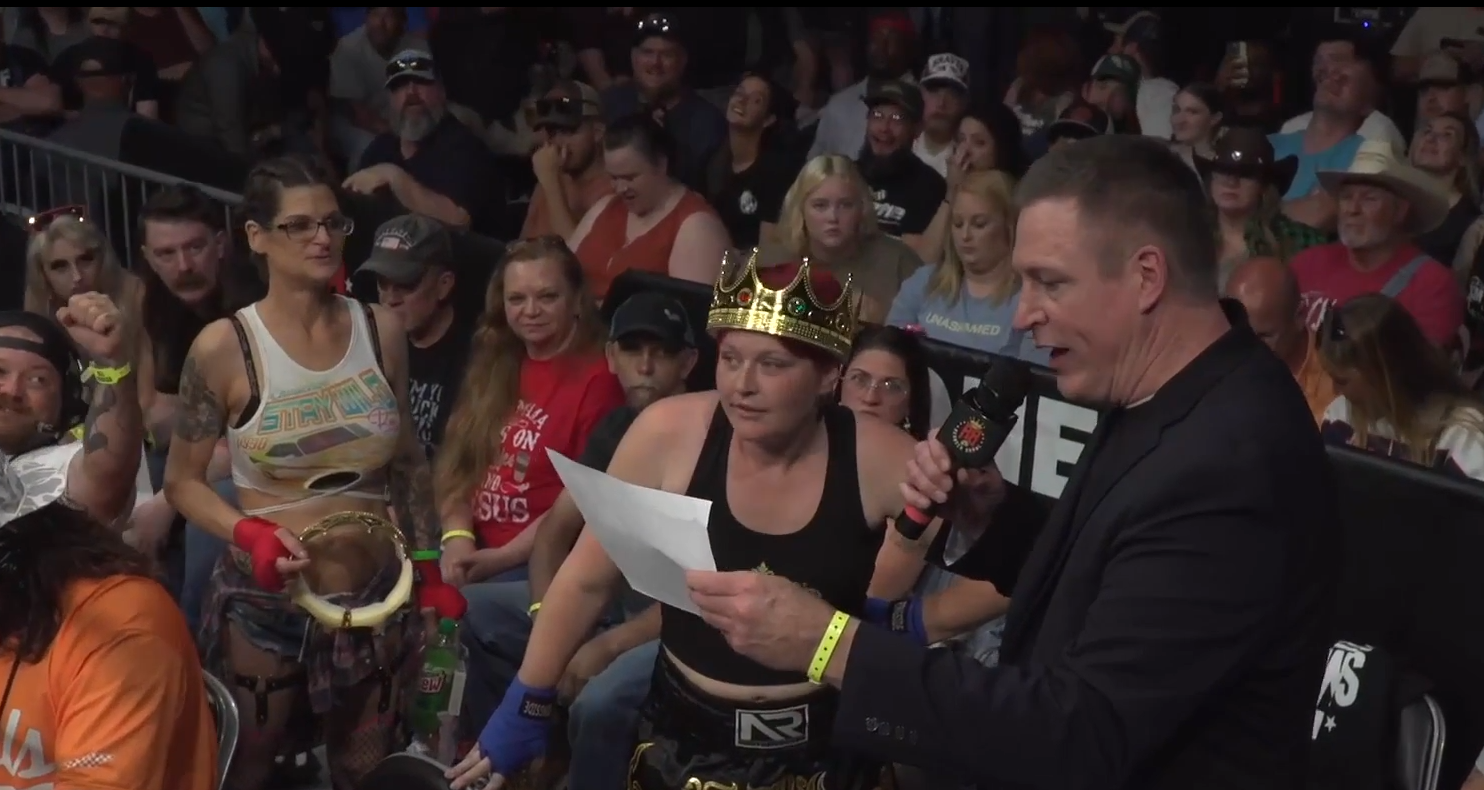 Promoter Chris negotiates a last minute bonus fight between Peter Beater and Harley the Stripper