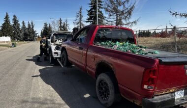 Abandoned red pickup truck with poop bags towed from southwest Edmonton after a year