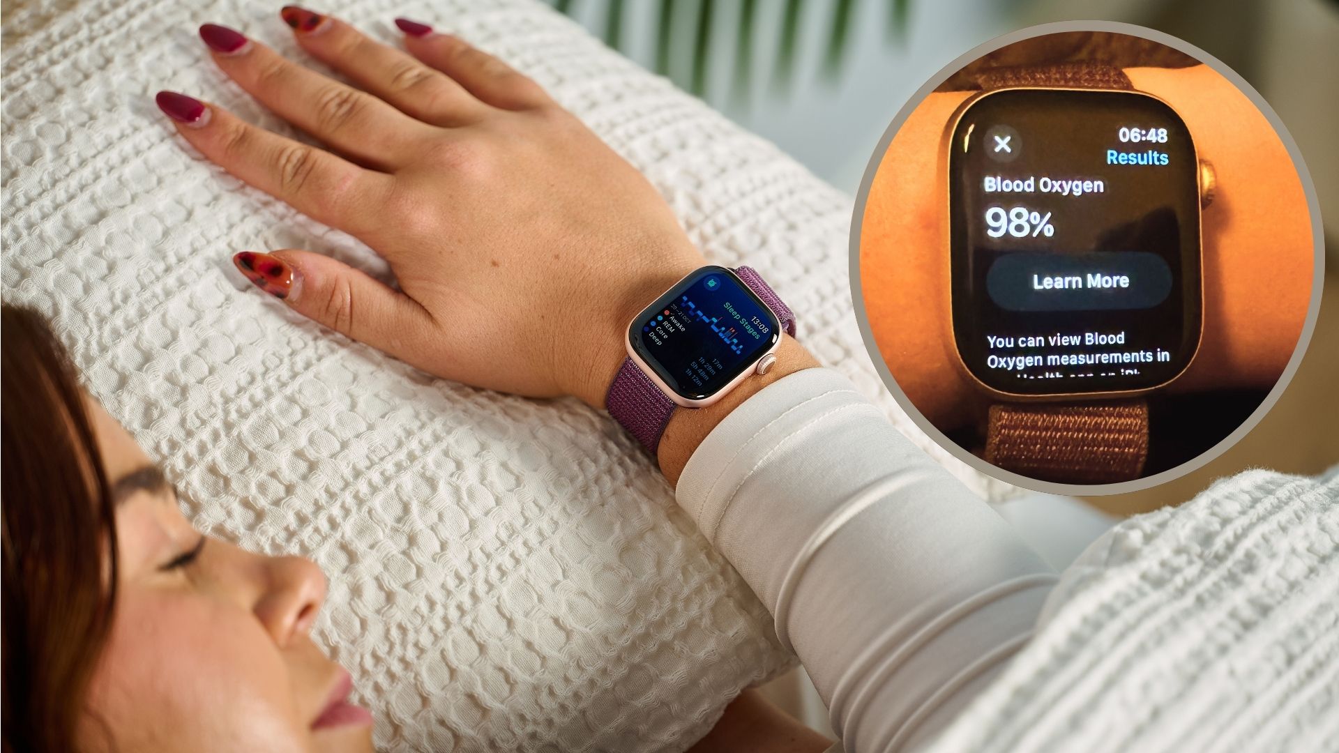 A young woman sleeps with her hand on a pillow. On her wrist, there is a an Apple Watch tracking her sleep.