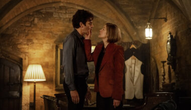 (L-R) Sacha Baron Cohen as Damien Sachs and Rosamund Pike as Alex Fox in Ladies First.