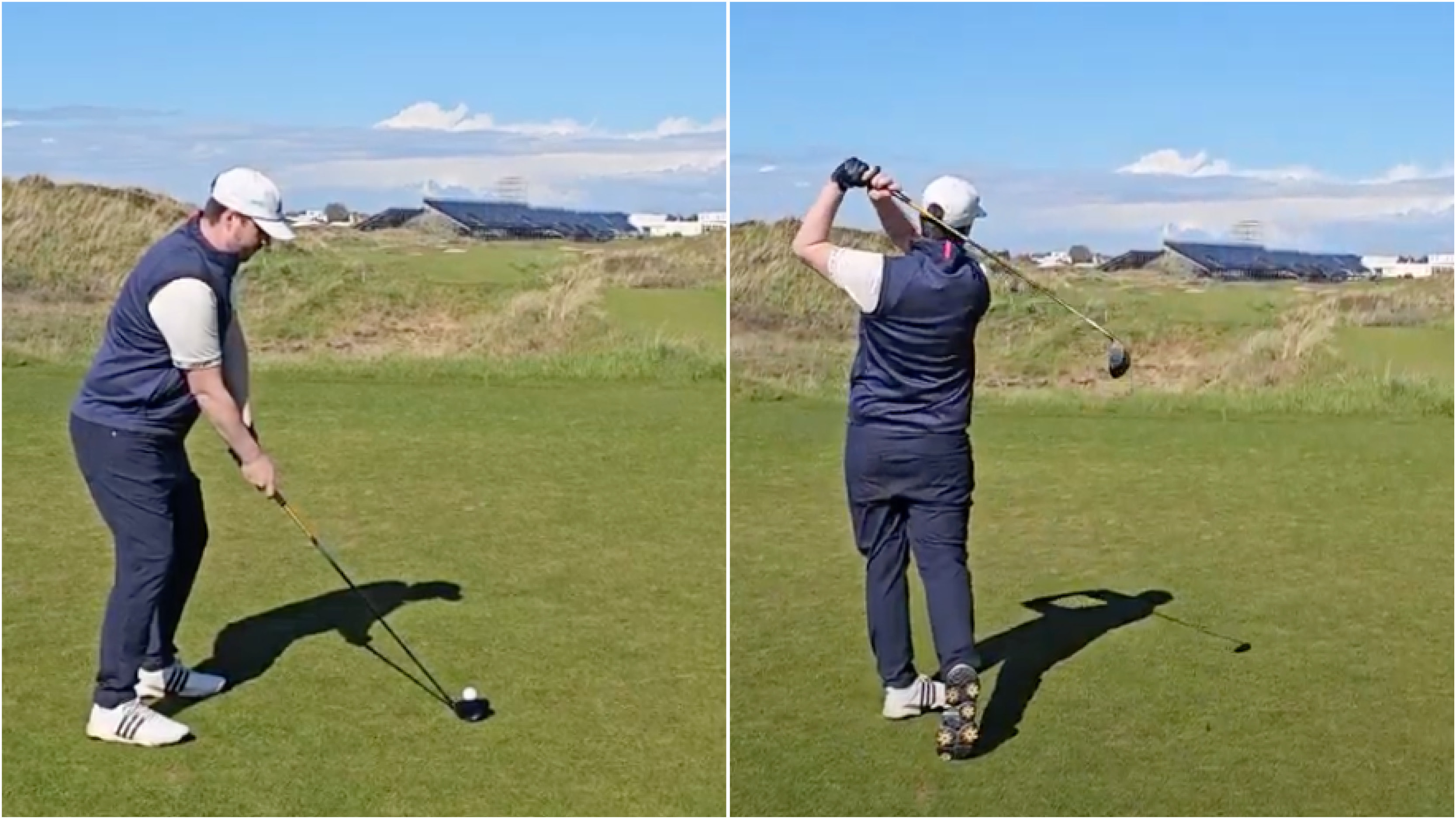 A golfer at address on the 18th tee at Royal Birkdale and holding their finish