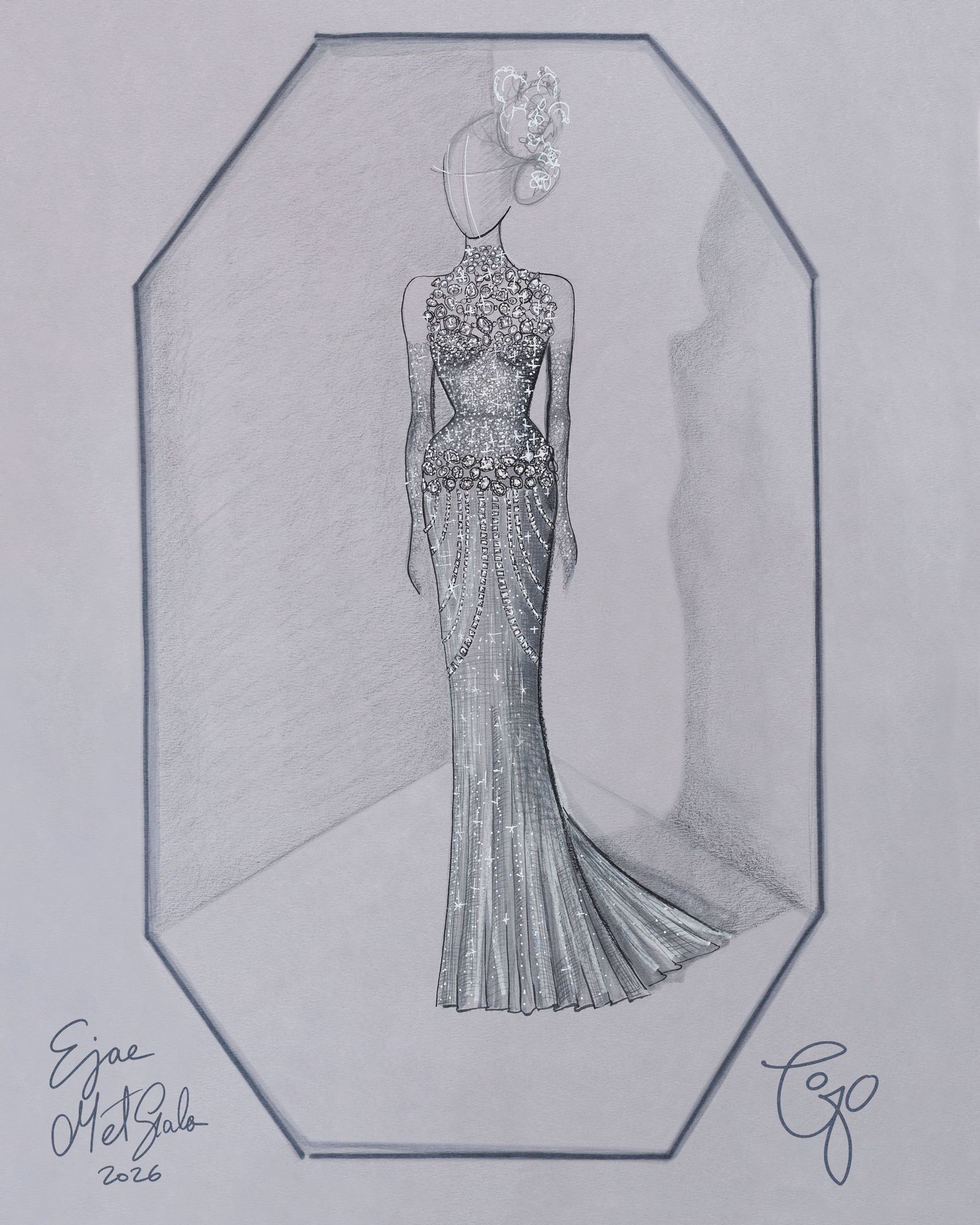 Image may contain Art Clothing Dress Formal Wear Drawing Evening Dress Adult Person and Wedding