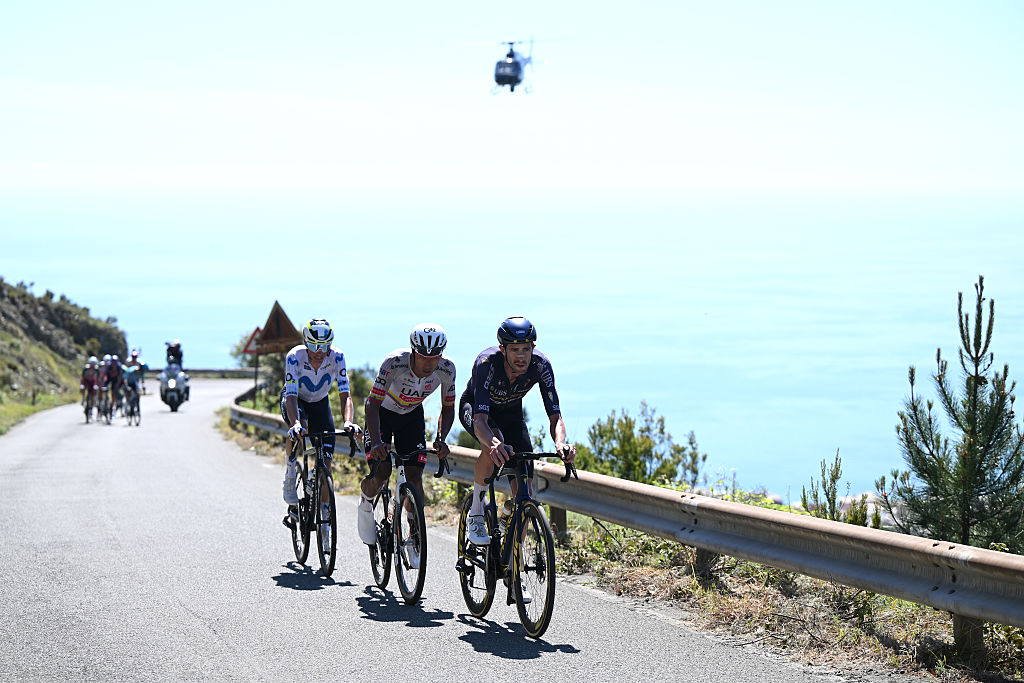 CHIAVARI, ITALY - MAY 20: (L-R) Enric Mas of Spain and Team Movistar, Jhonatan Narvaez of Ecuador and UAE Team Emirates - XRG and Chris Harper of Australia and Team Pinarello Q36.5 Pro Cycling compete in the breakaway during the 109th Giro d&amp;apos;Italia 2026, Stage 11 a 195km stage from Porcari to Chiavari / #UCIWT / on May 20, 2026 in Chiavari, Italy. (Photo by Dario Belingheri/Getty Image)