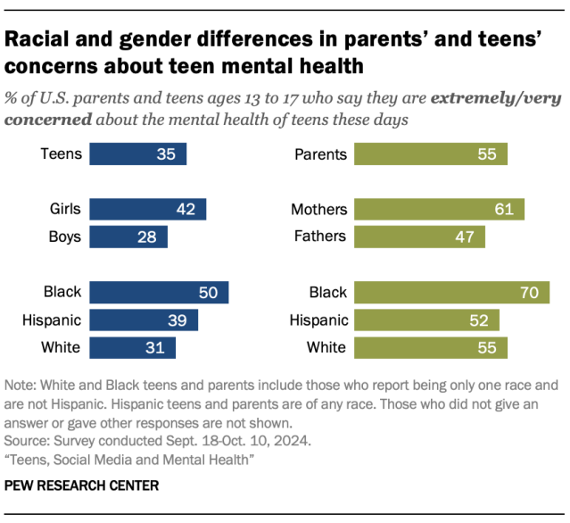 A bar chart showing that racial and gender differences in parents' and teens' concerns about teen mental health.