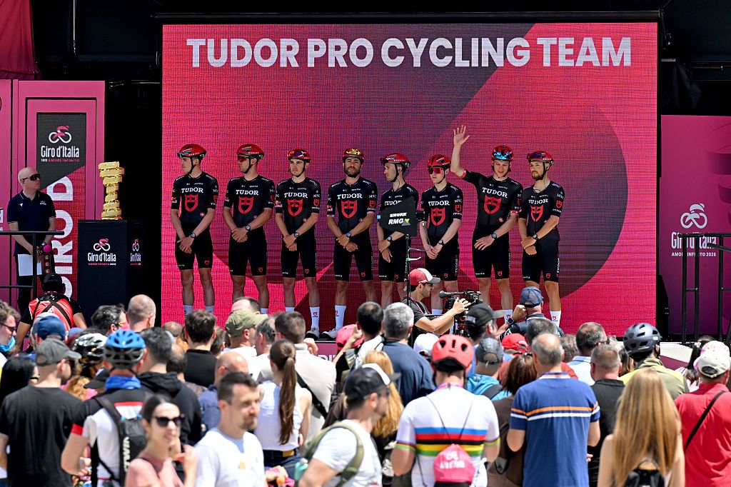 PLOVDIV, BULGARIA - MAY 10: A general view of Michael Storer of Australia, Will Barta of United States, Robin Froidevaux of Switzerland, Fabian Lienhard of Switzerland, Luca Mozzato of Italy, Mathys Rondel of France, Florian Stork of Germany, Larry Warbasse of United States and Team Tudor Pro Cycling during the 109th Giro d&amp;apos;Italia 2026, Stage 3 a 175km stage from Plovdiv to Sofia / #UCIWT / on May 10, 2026 in Plovdiv, Bulgaria. (Photo by Tim de Waele/Getty Images)