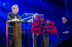 Elton John, 79, receives his Glenn Gould Prize at a gala ceremony held in Toronto on Saturday night while his Canadian husband David Furnish (far right) looks on.
