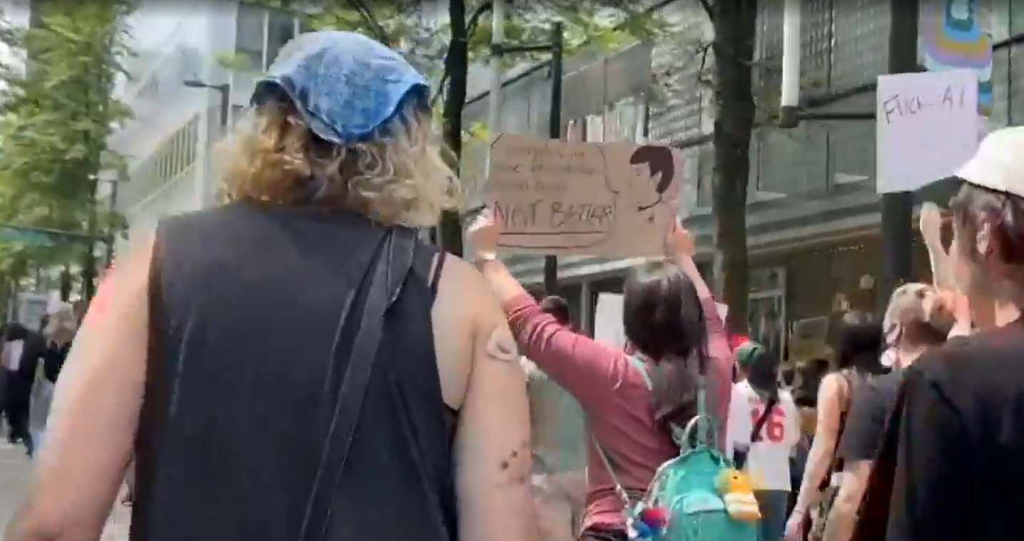 Hundreds march in Downtown Vancouver against AI data centres