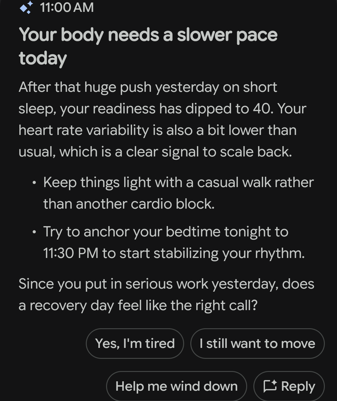 A screenshot of a chat with Google’s AI health coach asking if a recovery day feels like the right call.