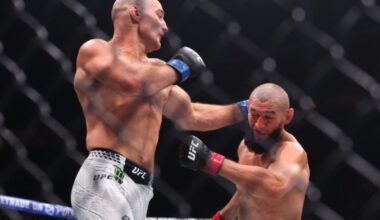 Sean Strickland lands a punch on Khamzat Chimaev at UFC 328