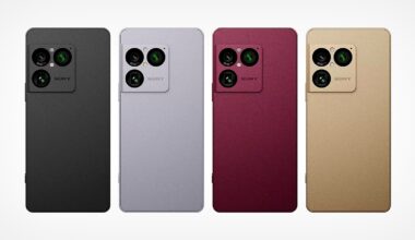 Four Sony smartphones shown from the back in black, silver, red, and gold colors, each featuring a rectangular camera module with three lenses and an LED flash.