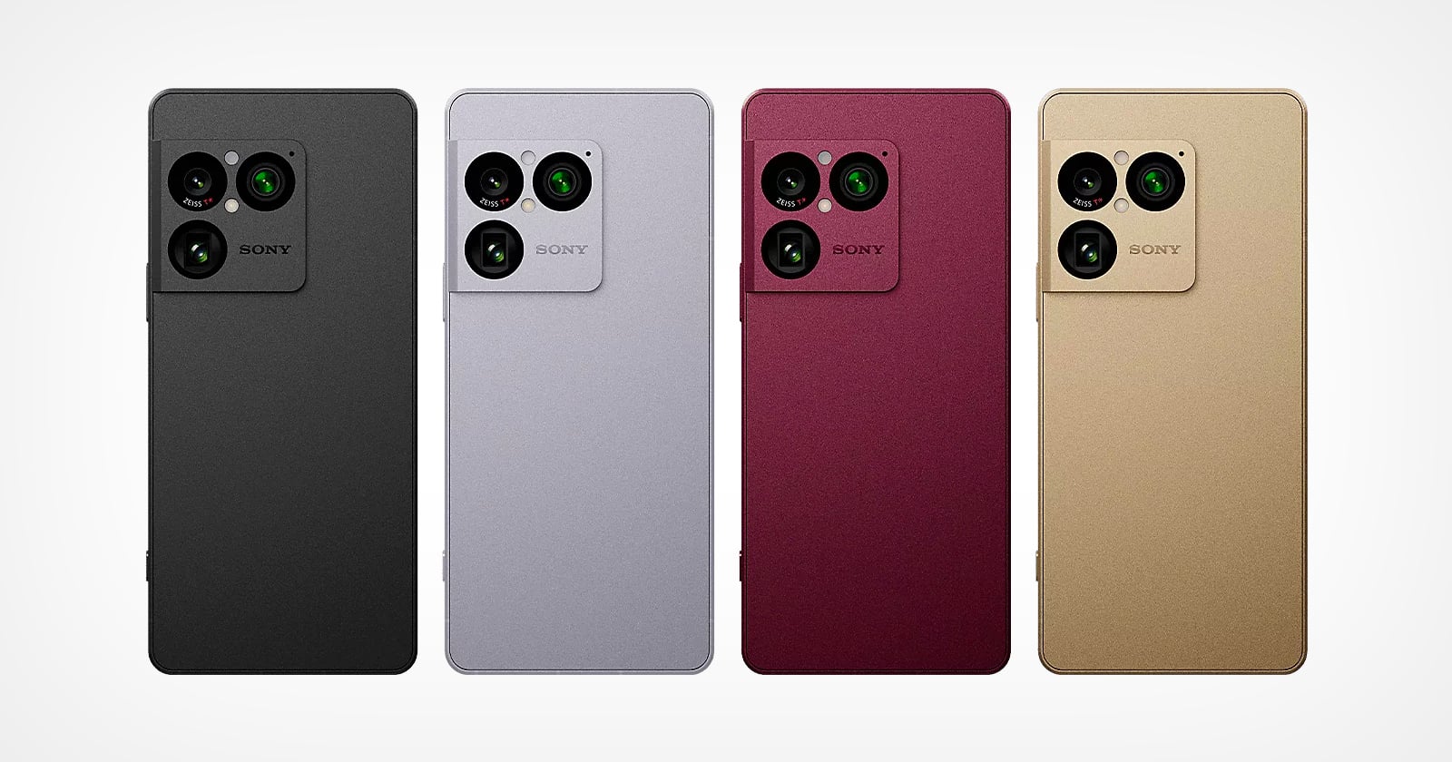 Four Sony smartphones shown from the back in black, silver, red, and gold colors, each featuring a rectangular camera module with three lenses and an LED flash.