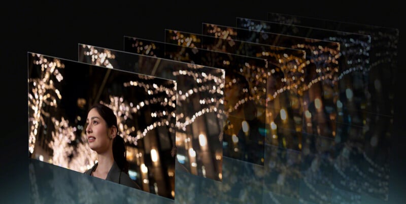 A woman stands outdoors at night in front of illuminated trees with string lights. The image is shown in multiple layers, fading back to illustrate different levels of sharpness or clarity.