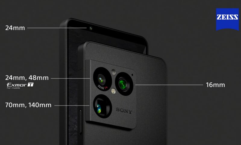 Close-up of a Sony smartphone’s camera module, labeled with focal lengths (16mm, 24mm, 48mm, 70mm, 140mm) and "Exmor T for mobile" and "ZEISS" logos on a dark background.